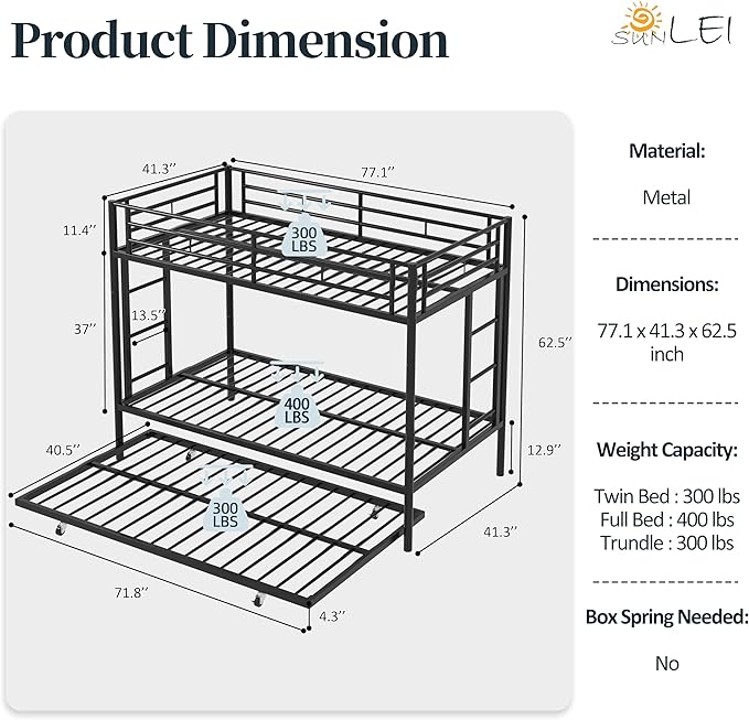 SUNLEI Metal Bunk Beds with Double Secured Ladders, Twin Bunk Bed with Surrounded Safety Guardrails, Space Saver Twin Beds, Noise Free for Small Bedroom, with Trundle Function, Black