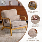 Karl home Mid Century Modern Accent Chair with Lumbar Pillow & Oak Arms – Plush Chenille Living Room Chair for Bedroom, Lounge (Khaki)