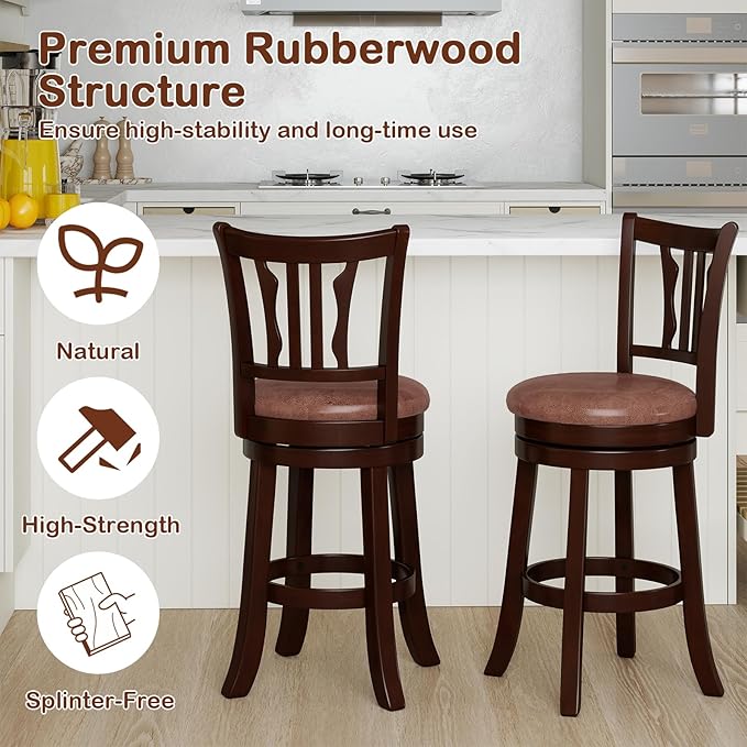COSTWAY 26" Counter Height Stools Set of 4, Swivel High-Top Chairs with Backrest & Faux Leather Padded Seat, Rubber Wood Counter Barstools with Footrest for Kitchen, Dining Room, Pub (4,26'')