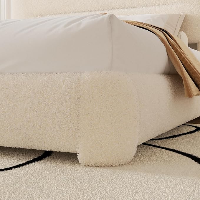 Full Size Cloud Bed Frame, Upholstered Boucle Platform Bed with Adjustable Headboard, Anti-Collision Soft Rounded Corners, Noise Free, Easy Assembly, Cream