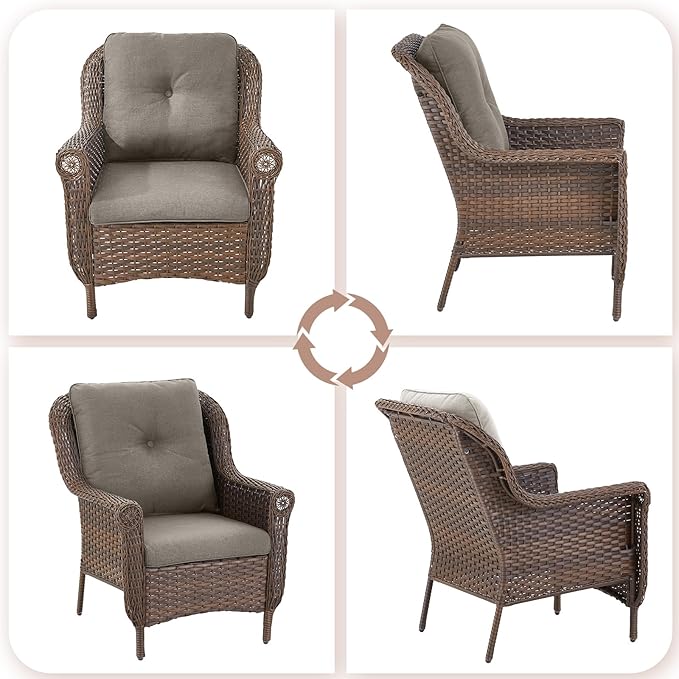 Patio Wicker Chairs Outdoor Furniture Chair - Set of 2 Outside All Weather Lawn Dining Brown Rattan Armchair with High Back&Deep Seating for Deck Porch Balcony Backyard Garden - Grey