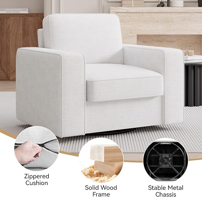 Swivel Accent Sofa Chair Set of 4, Modern Comfy Oversized Upholstered Cushion Back Armchair in Linen 1pcs for Living Room, Bedroom, Reading Room(White)