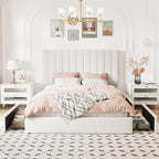 Allewie Full Size Storage Bed Frame, Vertical Channel Tufted Adjustable Headboard, Velvet Upholstered Platform Bed with 4 Oversized Underbed Drawers, Wooden Slats Support, No Box Spring Needed, White