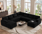 Belffin Large Modular Sectional Sofa with Double Deep Chaise and Loveseat, Corduroy U Shape Couch with 9" Soft Dual-Layer 9 Seats Cushion for Living Room, Apartment, Black