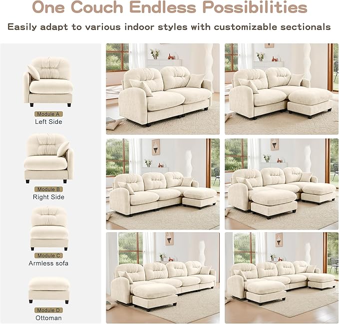 140" U Shaped Couch for Living Room, Comfy Chenille Fabric Cloud Sectional Couch, Modern Upholstered Deep Seat Sofa with Pillow and 2 Movable Ottoman, Oversized 4 Seater Sectional Sofa, Beige