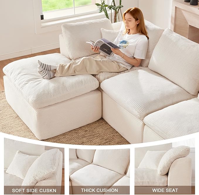 143" Cloud Sectional Couch, Boneless couches for Living Room, 7 Seater Large Modular Sectional Sofa with Deep Seat, Comfy Soft Cushions, No Assembly, Beige