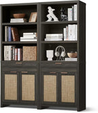 Hampstead Bookcase, Rattan Bookcase with Doors Cabinet and Drawer, 5-Tier Bookshelf, Large Wooden Book Case, Tall Bookshelves for Library Living Room (Midnight Oak, 2 Pieces)