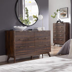 T4TREAM Fluted 6 Drawers Dresser, 54" Wide Modern Chest of Drawers, Curved Profile Design, Dresser TV Stand, Wood Drawer Organizer for Bedroom, Living Room, Hallway, Dark Walnut