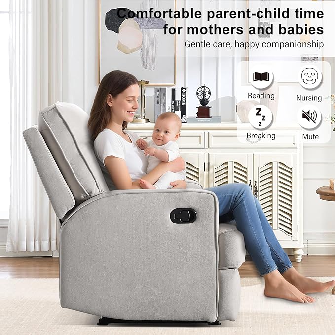 INZOY Manual Recliner with Thicker Backrest, Soft Fabric Manual Recliner with Overstuffed Cushion, Heavy Duty Reclining Sofa for Living Room Bedroom Apartment, Beige