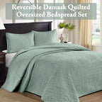 Madison Park Quebec Reversible Quilt Set Damask Design, Double Sided Stitching All Season, Lightweight Bedspread Bedding Set, Matching Sham, Seafoam, Queen(102"x118") 3 Piece