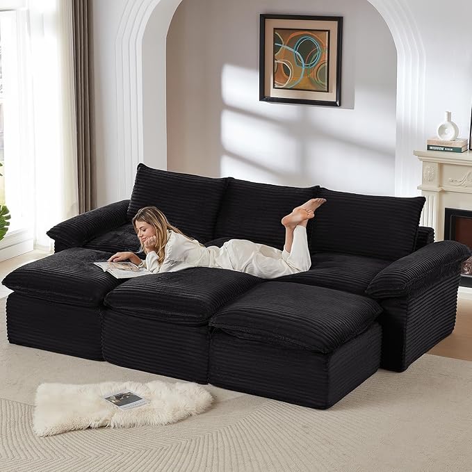141.74" Sectional Couches for Living Room Modern Modular Sofa with U-Shape Couchs Upholstered Corduroy Boneless Couch Deep Seat Cloud Couch with Ottoman, No Assembly Required, Black