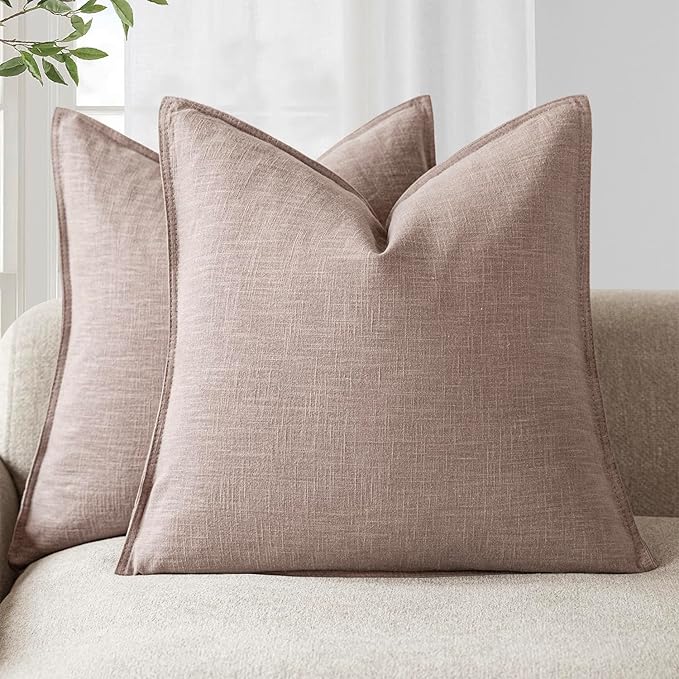 Foindtower Set of 2, Decorative Linen Soild Throw Pillow Covers Soft Accent Euro Cushion Case Boho Farmhouse Pillowcase for Chair Couch Sofa Bedroom Living Room Home Decor 22 x 22 Inch Dusty Pink