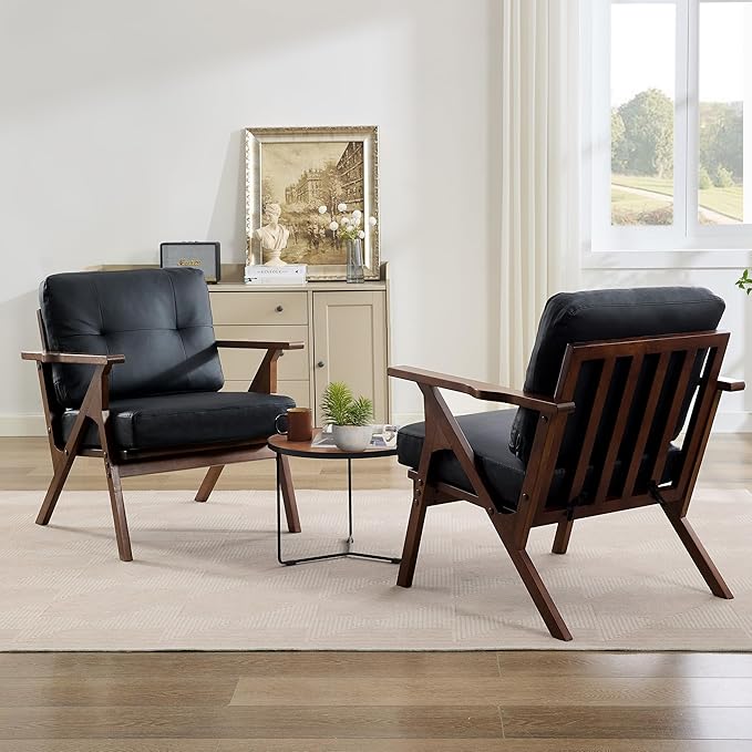 STHOUYN Black Leather Office Accent Chair Set of 2, Office Lounge Chair with Wooden Arms, Mid Century Modern Chair, Side Arm Chairs for Living Room, Comfy Guest Waiting Room Chairs (2, Black)