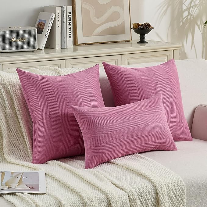 FUTEI Hot Pink Chenille Throw Pillow Covers 16x16 Inch Set of 2,Soft Wide Chevron Textured Cushion Case,Farmhouse Home Decor for Couch Bed Living Room