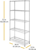 Whitmor 5 Tier Shelving Unit, Metal Storage Shelves, 400 lbs Capacity per Shelf, 2000 lbs Total, Adjustable Heavy Duty Shelf, Easy Assembly for Kitchen, Garage, Plant, 36"L x 14"W x 72"H, Chrome