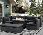 NICESOUL 8 Seater Outdoor Patio Furniture Sectional Sets with Firepits Table Natural Gas Propane, 29.3'' High Back Comfy Wicker Conversation, 9 Piece Deep Wide Modern Modular Sofa for Backyard, Grey