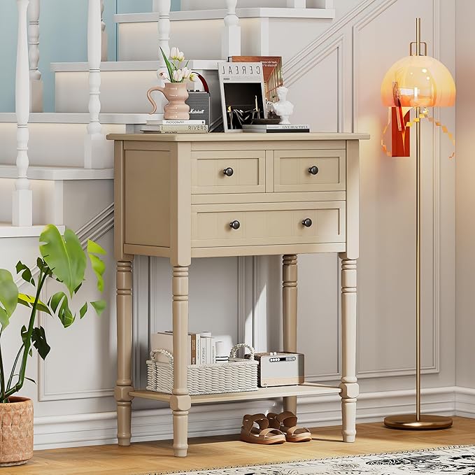 Knocbel Slim Antique Entry Console Table with 3 Drawers & Bottom Open Shelf, Solid Wood Narrow Sofa Couch Table for Entryway Hallway Living Room 23.7" W x 13" D x 31.4" H Beige