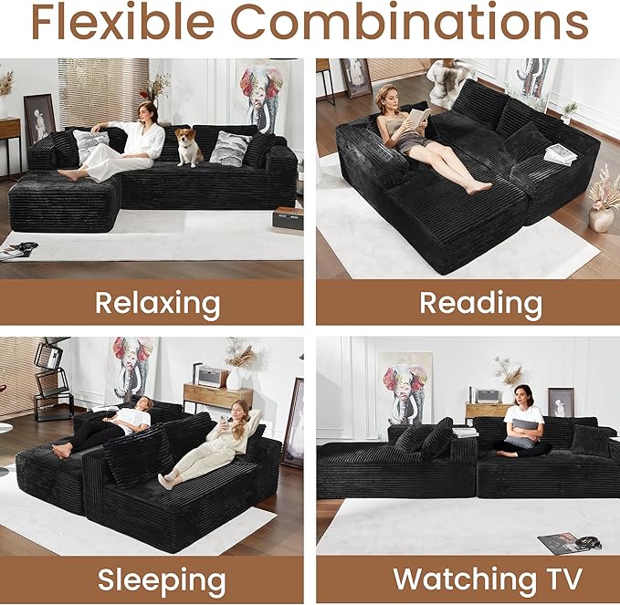 Bashaw 108" Cloud Sectional Couch Sofa with L-Shape Chaise, Modern Modular Sofa Couch Upholstered Couches for Living Room Bedroom, No Assembly Required (Black, L Shape)