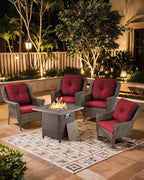 Outdoor Patio Chairs with Fire Pit Table 5 Piece Set - High Back Brown Wicker Rattan Lawn Chair with Thick Cushion for Porch Apartment Deck Yard Poolside Garden - Red