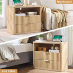 LEYAOYAO 31" Wide Fluted Nightstand Set of 2 with Charging Station, Oversized Extra Large 2 Drawers Night Stand,Natural Wood Bedside Table,Tall End Tables,Modern Chest of Drawers Dressers for Bedroom