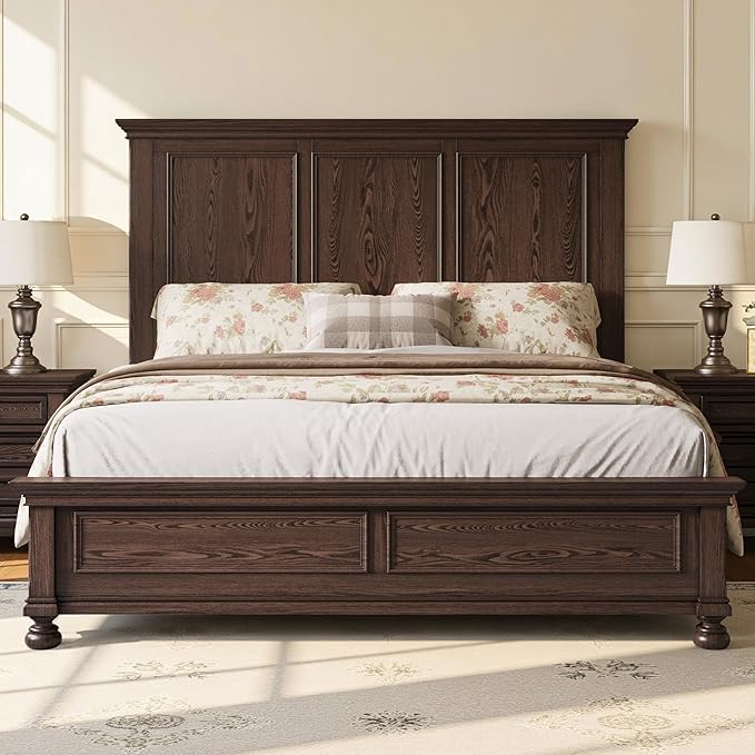AMERLIFE Solid Wood Queen Bed Frame with 65.2" High Headboard, Traditional Platform Bed with Heavy Duty Slats, No Box Spring Needed, Easy Assembly, Dark Brown