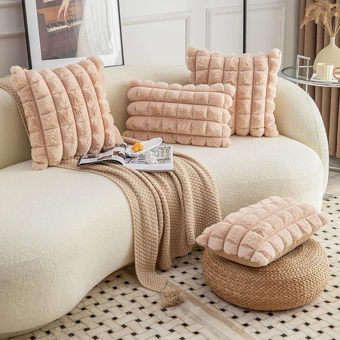 Neelvin Camel Faux Fur Cozy Soft Plaid Decorative Throw Pillow Covers 22x22 inch Set of 2,Velvet Pillowcase Cushion Case for Sofa Couch