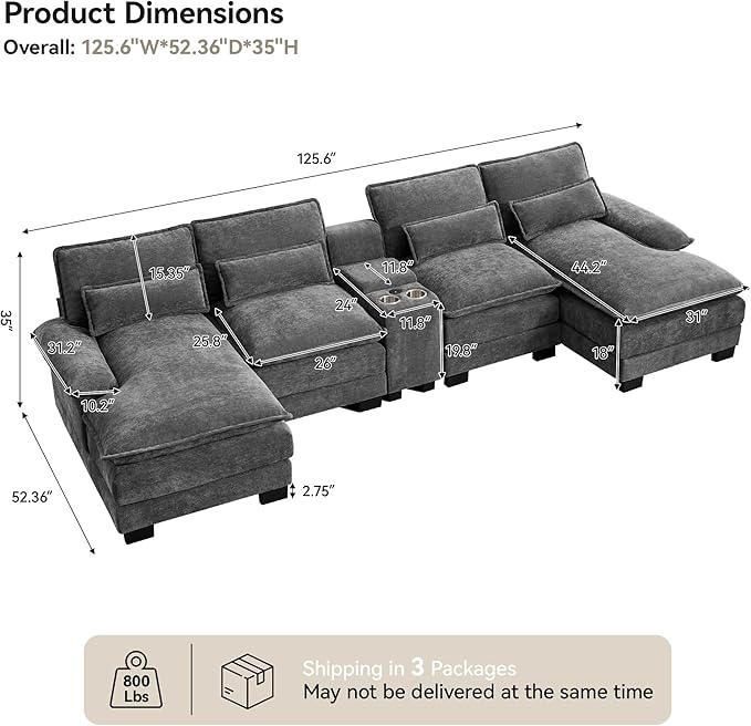 U Shaped Sectional Sofa with Storage Console, Cup Holders & USB Ports, Small Modular Cloud Couch with Deep Seats, Modern Comfy Living Room Sofa for Apartment, Chenille Grey