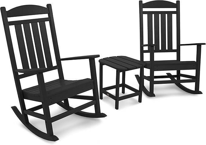 POLYWOOD Presidential 3-Piece Rocking Chair Set, Outdoor Patio Furniture, HDPE All-Weather Rockers with Side Table, Fade-Proof, Black