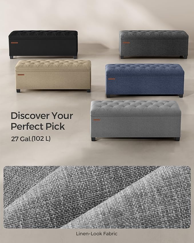 SONGMICS Storage Ottoman Bench, Foot Rest with Legs, 15.7 x 43.3 x 15.7 Inches, End of Bed Bench, Storage Chest, Load up to 660 lb, for Living Room, Bedroom, Entryway, Light Gray ULSF088G02