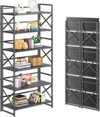 4NM 6 Tiers No Assembly Book Shelves, 61.8" H Folding Bookshelf Bookcase Open Industrial Foldable Shelves for Bedroom, Living Room, Home Office - All Black