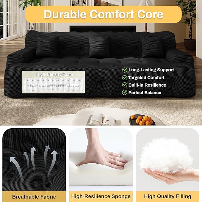 114'' Oversized Sectional Couches for Living Room Boneless Modular Sectional Sofa Plush Cloud Modular Couch Modern Sectionals with Deep Seat, No Assembly Required, 3 Seater, Black