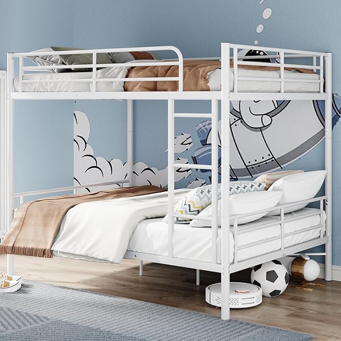 Merax Full Over Full Metal Bunk Bed with Ladder and high Guardrail, Able to Split, Storage Space, No Box Spring Needed, Noise Free, White