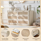 LEYAOYAO Rattan 6 Drawer Dresser for Bedroom, Boho 54" Wide White Dresser Chest of Drawers, Dressers TV Stand with Metal Handle, Storage Dressers Closet Organizer for Living Room, Hallway