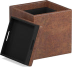SIMPLIHOME Rockwood 18 inch Wide Contemporary Square Cube Storage Ottoman with Tray in Distressed Saddle Brown Vegan Faux Leather, Assembled, For the Living Room, Entryway and Family Room