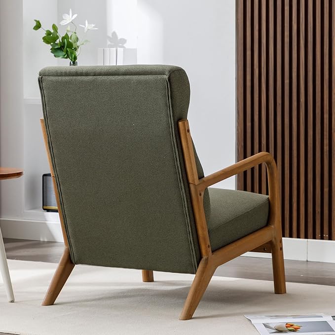 ANJHOME Mid Century Modern Accent Chair with High Back, Single Lounge Armchair with Solid Wood Frame, Comfy Reading Chair for Living Room, Easy Assembly