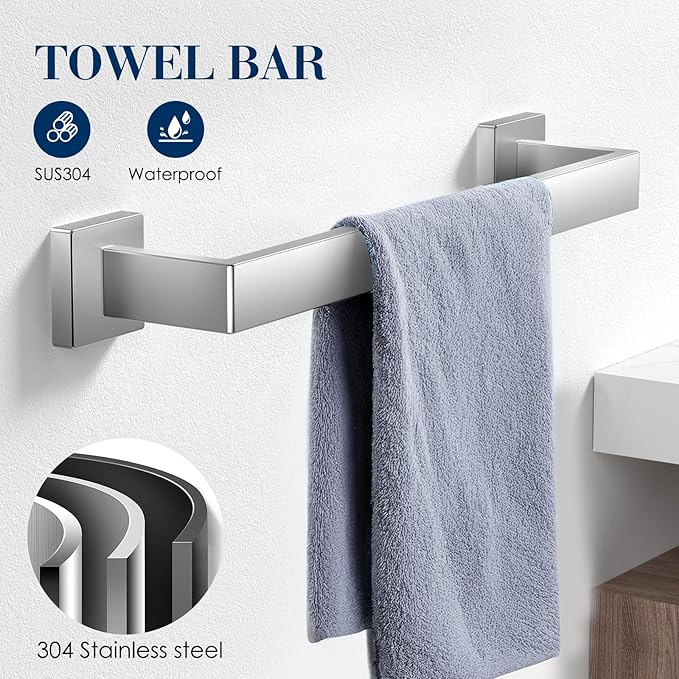 10-Pieces Bathroom Accessories, SUS304 Brushed Bathroom Accessory Set, Nickel Towel Racks for Bathrooml, Stainless Steel, Wall Mounted Towel Rack&Toilet Paper Holder&Towel Ring and Towel Hook