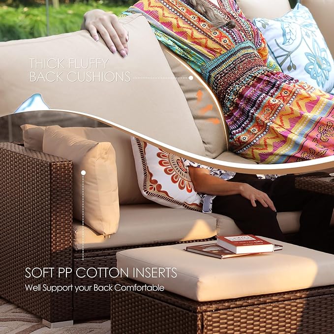 NICESOUL 29.3'' High Back Outdoor Patio Sectional Furniture with Firepit Table Natural Gas & Propane Convertible, 8 Seater Deep Wide Modern Couch, Extra Large Wicker Conversations for Backyard, Brown
