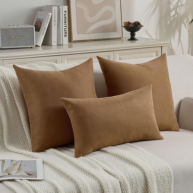 FUTEI Rust Chenille Throw Pillow Covers 16x16 Inch Set of 2,Soft Wide Chevron Textured Cushion Case,Farmhouse Home Decor for Couch Bed Living Room