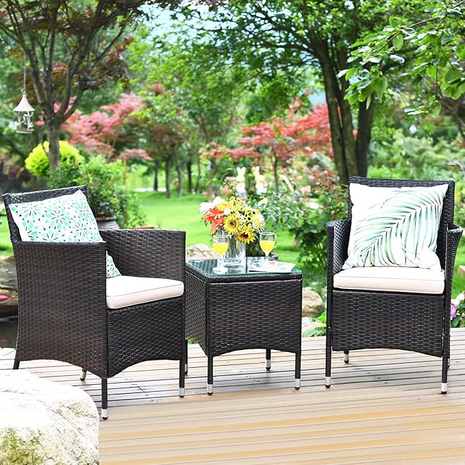 COSTWAY 3 PCS Patio Furniture Set, Outdoor Wicker Conversation Set with Tempered Glass Coffee Table, Seat Cushions, Rattan Wicker Chairs for Poolside Balcony Porch Backyard, Beige