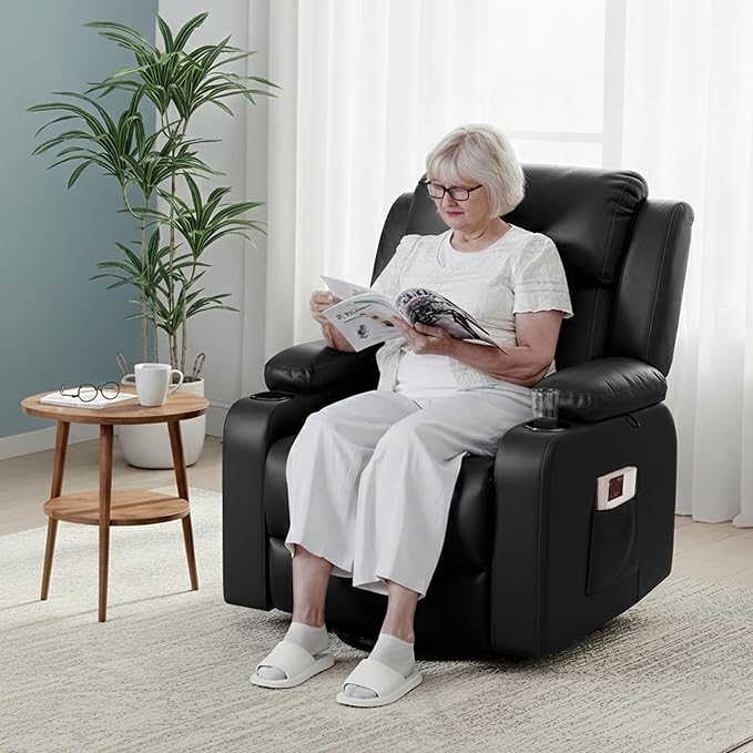 FLEXISPOT XL31 Power Lift Recliner Chair for Elderly, Electric Lift Chair with Massage & Heat, PU Leather Reclining Sofa w/Cup Holders, Side Pockets for Living Room Bedroom(Medium Size,Black)