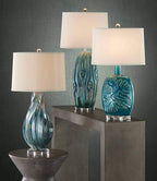 Possini Euro Design Teresa Modern Coastal Table Lamp 31" Tall Teal Blue Drip Ceramic Beige Fabric Drum Shade Decor for Bedroom Living Room House Bedside Nightstand Home Office Entryway Family