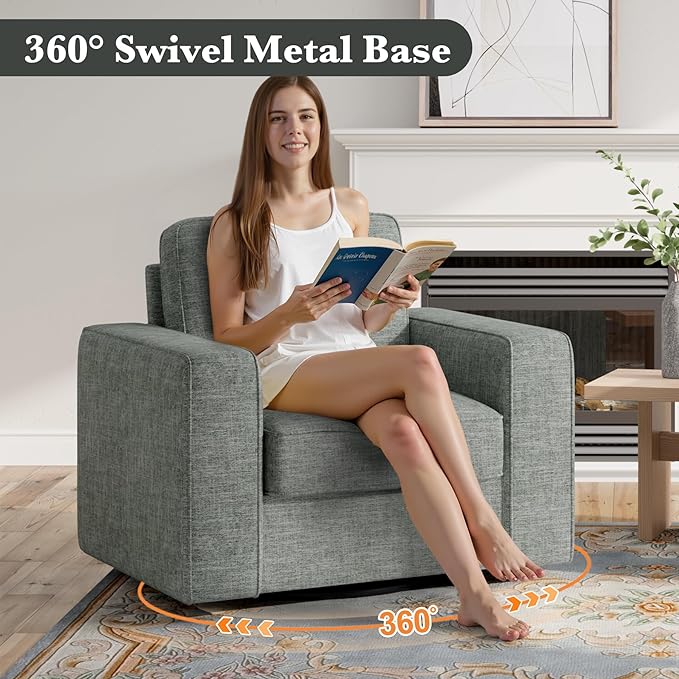Swivel Accent Sofa Chair Set of 2, 360 Degree Rotation Oversized 36'' Width Cushion Back Armchair in Linen Fabric 1pcs for Living Room, Office(Grey
