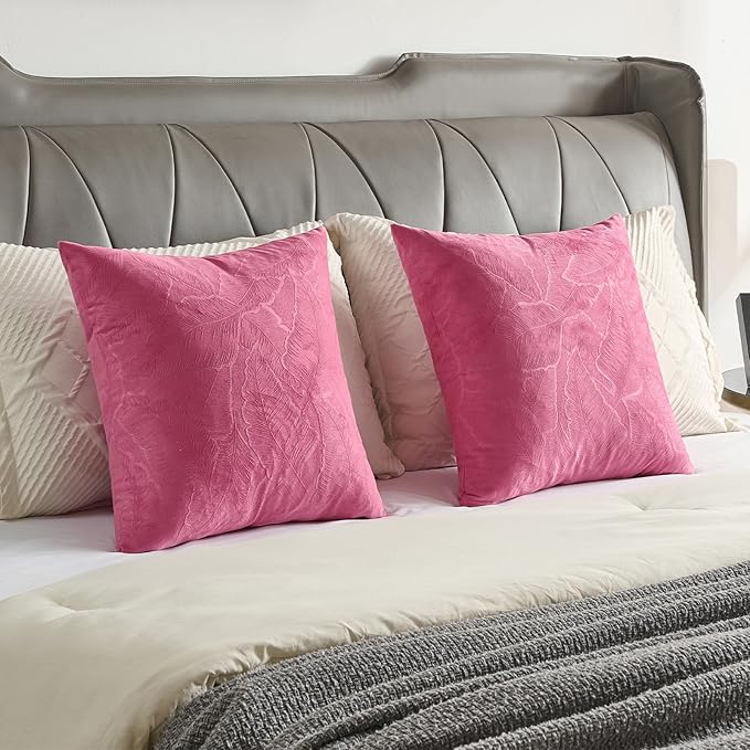 FUTEI Hot Pink Velvet Throw Pillow Covers 12x20 Inch Set of 2,Soft Embossed Leaf-Relief Textured Lumbar Pillow Cases,Natural Home Decor for Couch Living Room