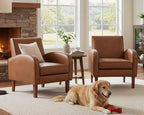 Brown Faux Leather Accent Chairs Set of 2, Mid Century Modern Upholstered Arm Chairs with Wooden Legs, Comfy Reception Office Club Reading Side Lounge Chair for Living Room Bedroom