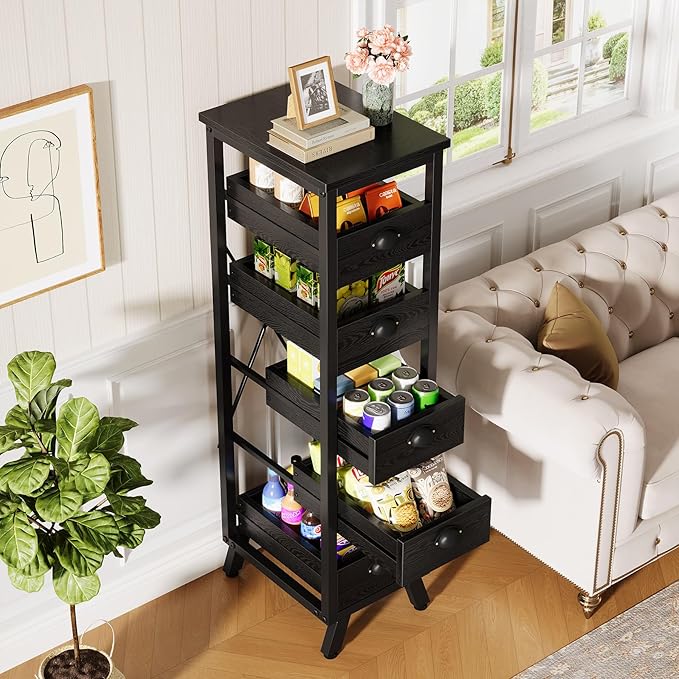 Tribesigns Black Wood Fruit and Vegetable Storage Rack Set of 2, 5-Tier Narrow Snack Stand Kitchen Stand Fruit Basket, Pull-Out Utility Organizer for Kitchen, Living Room
