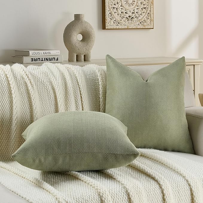 FUTEI Sage Green Chenille Throw Pillow Covers 26x26 Inch Set of 2,Soft Wide Chevron Textured Euro Pillow Shams,Farmhouse Home Decor for Couch Bed Living Room