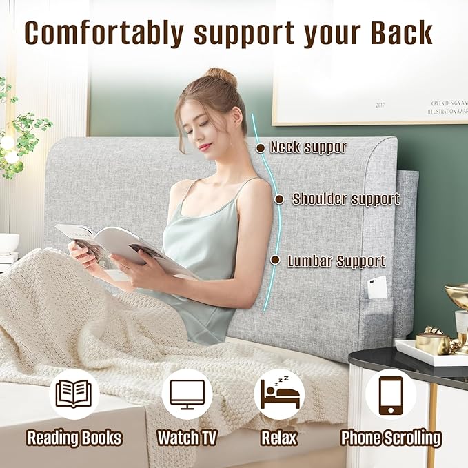 Upholstered Full Headboard, No Tools Needed, Wall Mounted Headboard with Removeable Washable Linen, Multi-Functional Backrest (Grey)