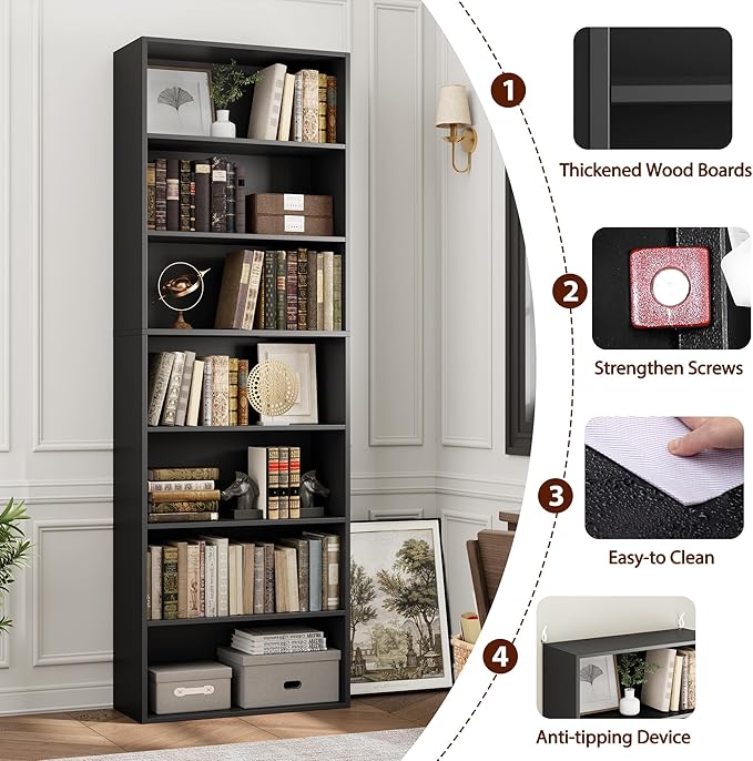FACBOTALL 82" Tall Bookshelf, 7-Tier Open Shelves Bookcase, Freestanding Display Storage Shelves, Tall Bookcase Home Decor Furniture for Home Office, Living Room, Bedroom, Black
