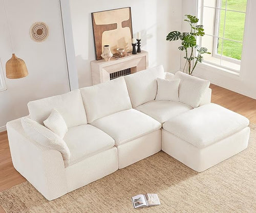 112" Cloud Sectional Couch, Boneless Couches for Living Room, L Shaped Couch with Convertible Ottoman, Modular Sectional Sofa with Deep Seat, Comfy Soft Cushions, No Assembly, Beige