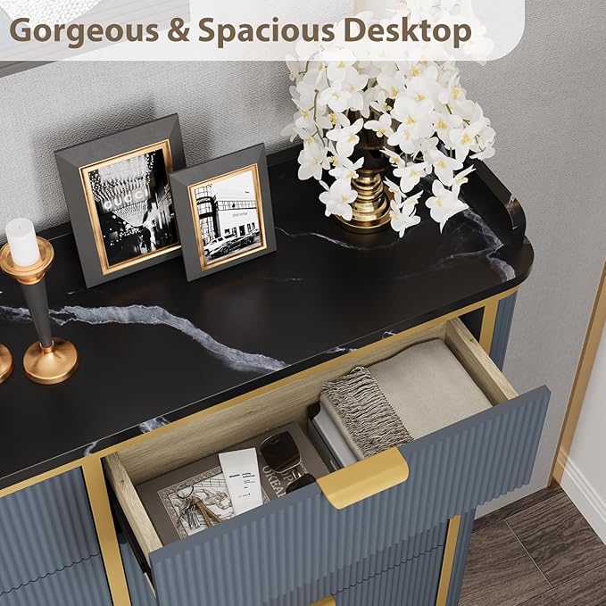 Fluted Shoe Storage Cabinet with 4 Flip Drawers & 2 Drawers, Freestanding Hidden Shoe Organizer with Adjustable Shelves, Wood Narrow Shoe Rack Cabinet for Entryway, Foyer, Hallway, Navy Blue